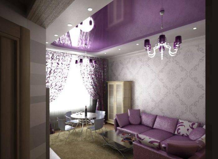 Фиолетовый натяжной потолок в разных стилистических решениях