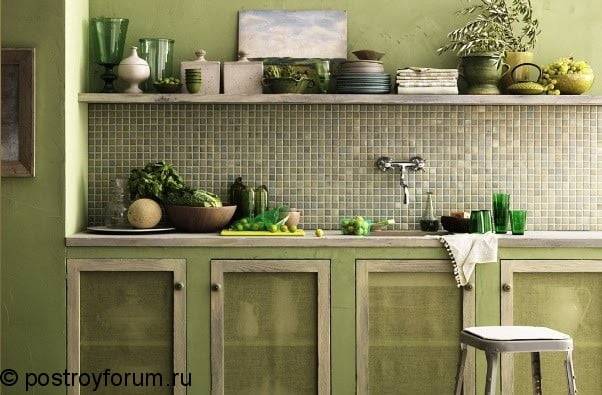 Оливковая кухня, дизайн интерьера, фасады, пол