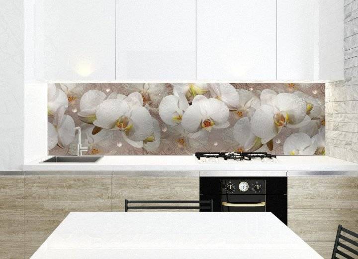 Кухонный фартук Орхидея и капли росы (полноцветная фотопечать, наклейка на стеновую панель кухни, цветы скинали)