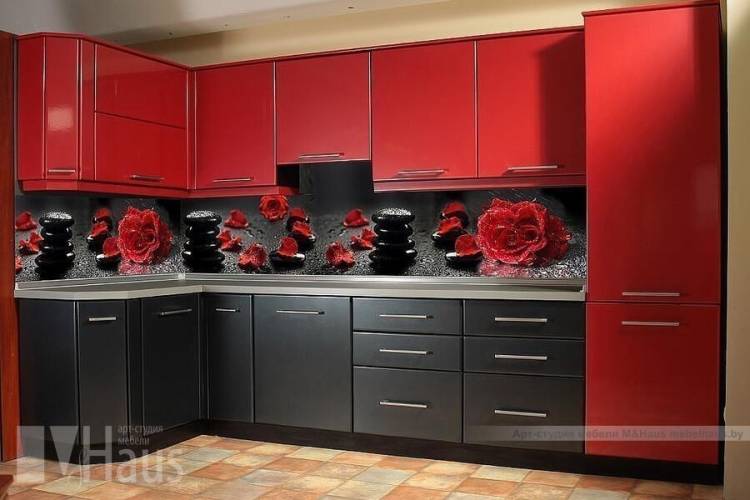 Дизайн красно-черная кухня со скинали розы