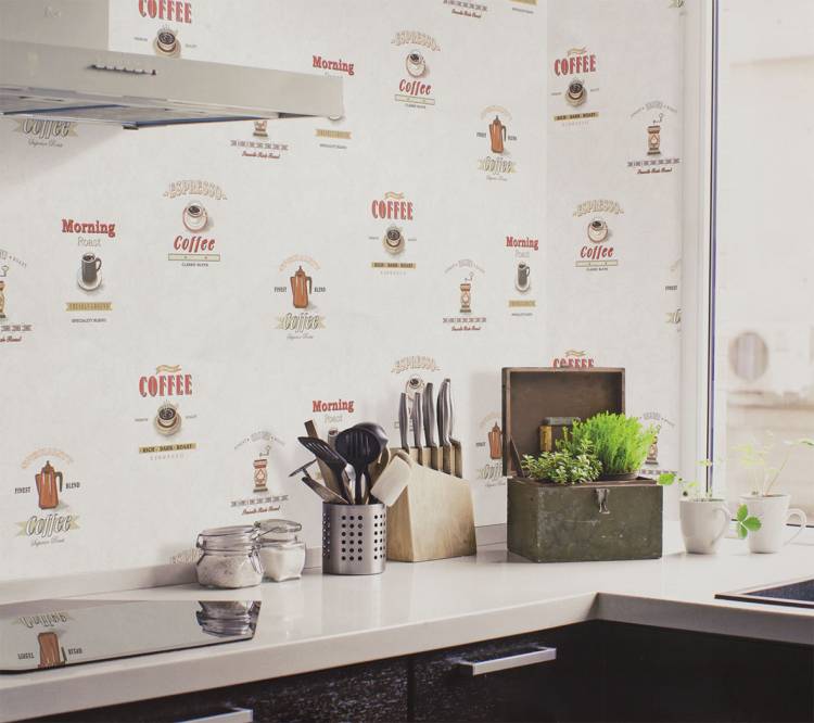 Жемчужно-белые обои для кухни с рисунками и надписями кофейной тематики Aura Gourmet Tour