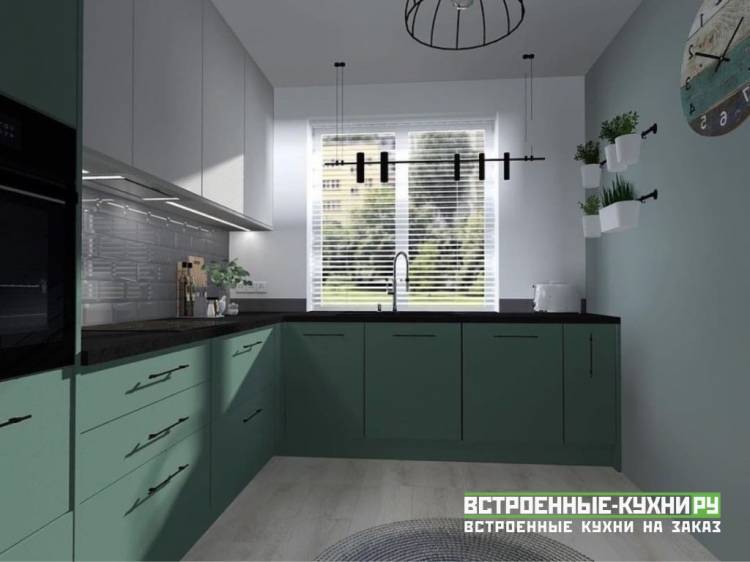 Матовая темно зеленая кухня в современном стиле