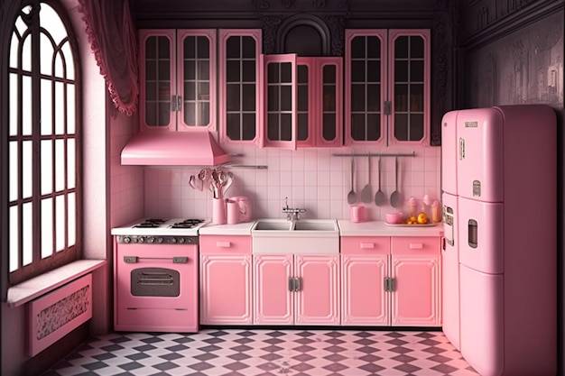 Розовая кухня с черным полом и розовая кухня с розовым холодильником