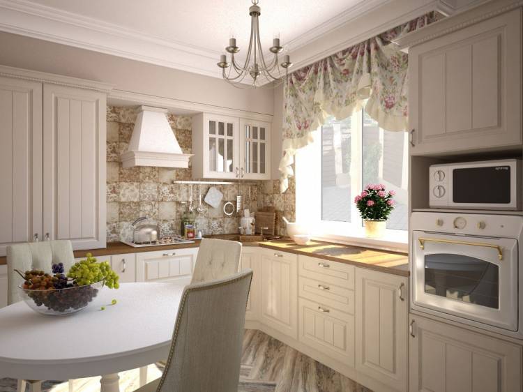 Белая кухня в стиле прованс, под окно, угловая