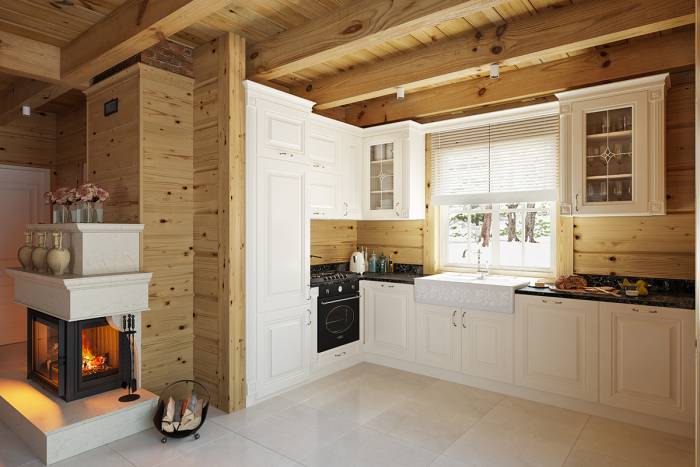 Белая кухня в деревянном дом