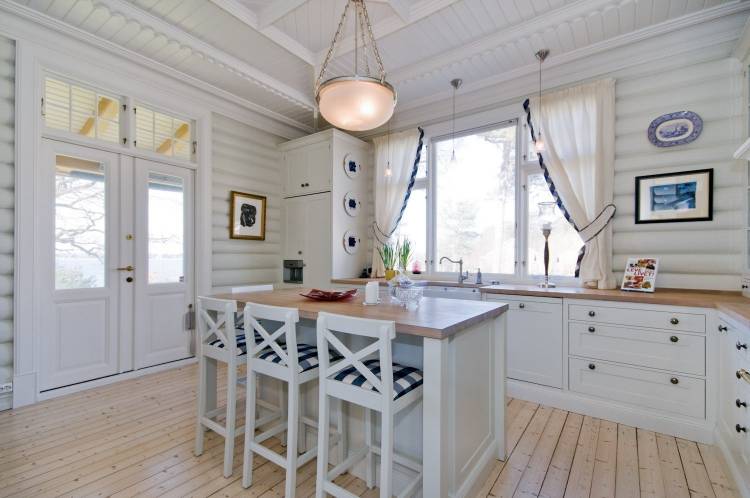 Белая кухня в доме из бруса интерьер