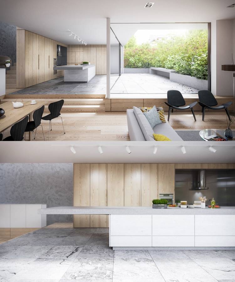 Дизайн красивых и современных кухонь в белых цветах с деревом, в стиле минимализм, из натуральных материалов