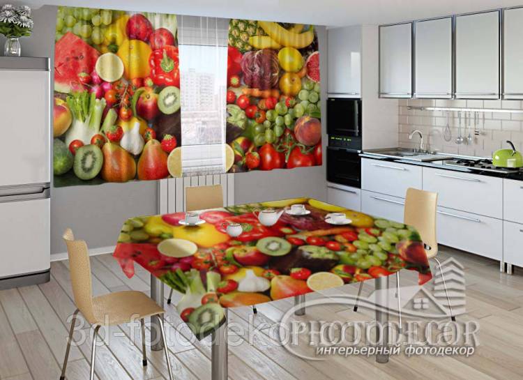 Фото шторы и скатерть для кухни с фруктами и овощами от производителя Изготовление под индивидуальный размер
