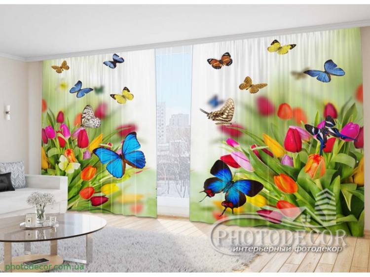 Фото Шторы для зала Тюльпаны с бабочками