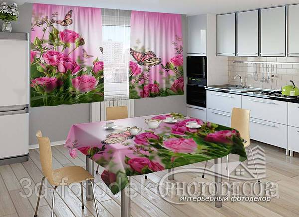 Фото комплект для кухни Розовые розы и бабочки (шторы