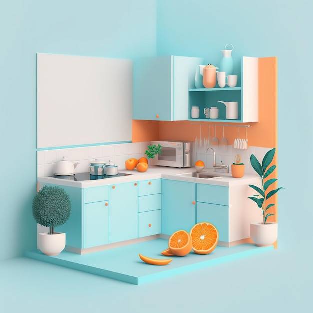 Сине-оранжевая кухня с белой стойкой и белой полкой с апельсинами на ней