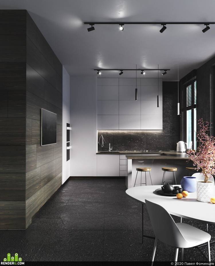 Серый потолок в интерьере кухни