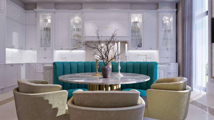 Бирюзовый диван и бежевые кресла в дизайне белой кухни