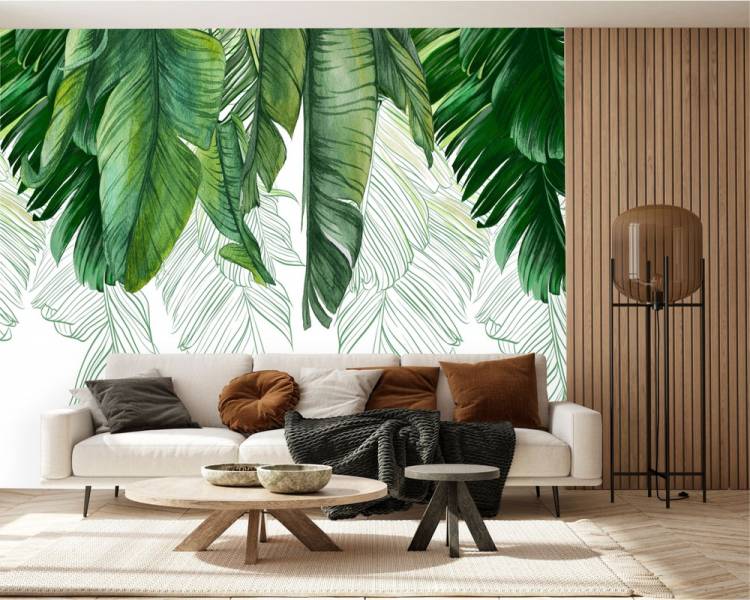 Фотообои Dekor Vinil флизелиновые для спальни, гостиной, кухни, прихожей Зеленые пальмовые листья на белом ф