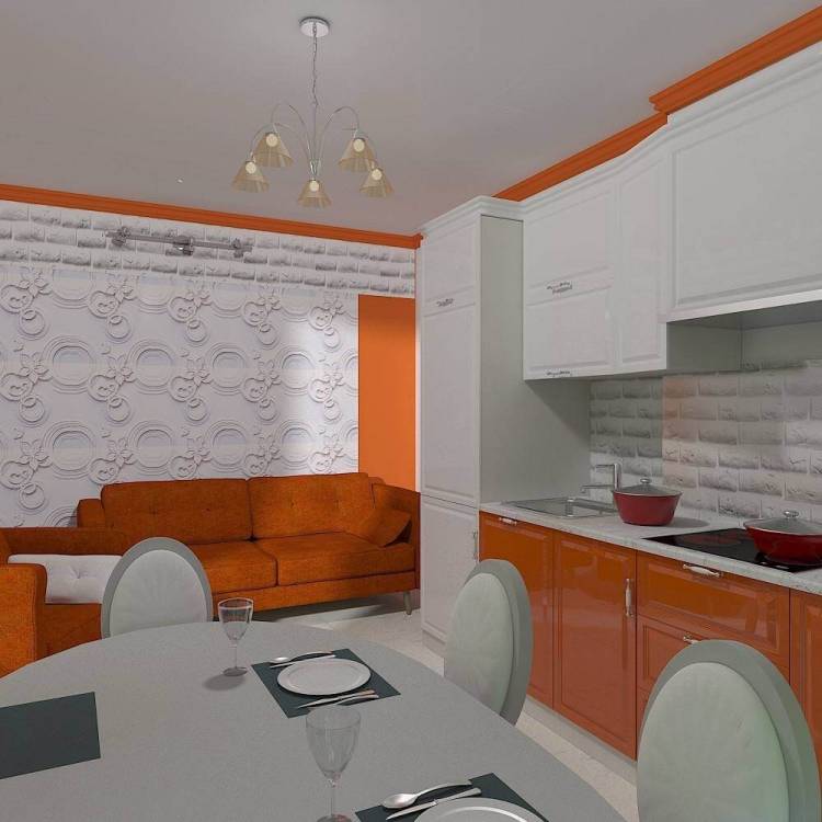 Дизайн интерьера оранжевой кухни, сочетание зеленого, серого, желтого, черного цветов