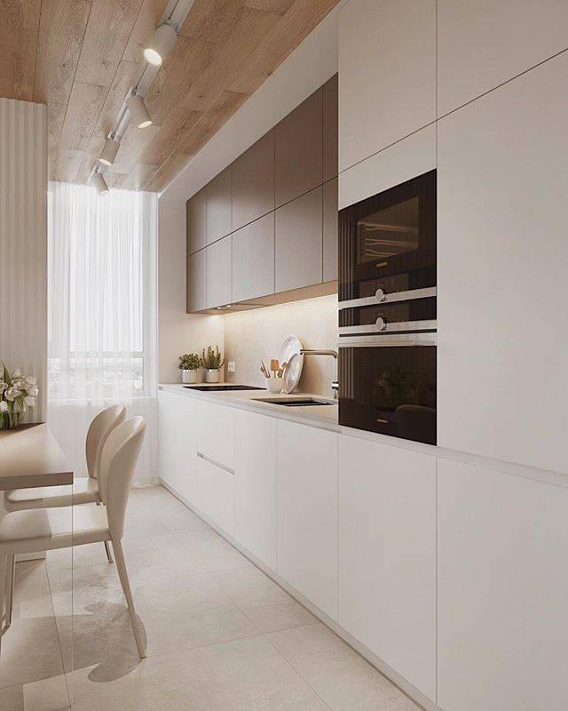 beige neutral kitchen wood plank panel ceiling design idea modern small condo ideas brown warm …