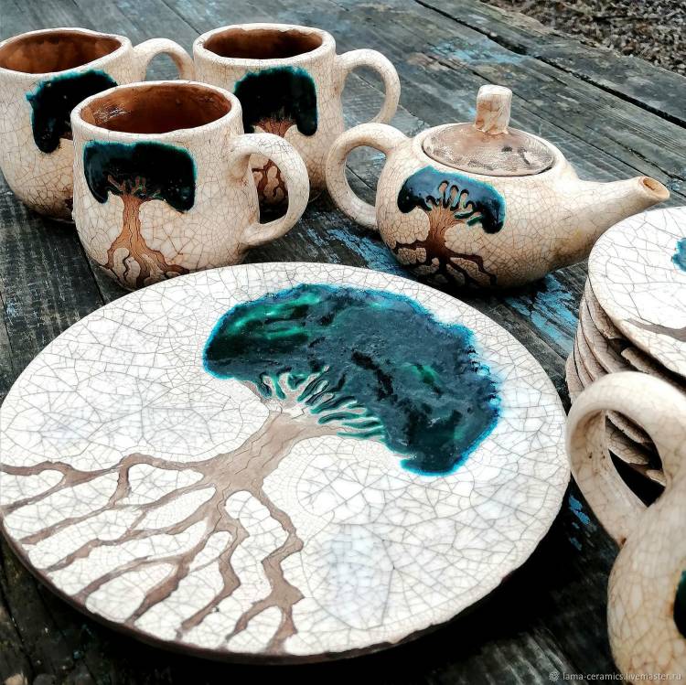 Сервиз с деревьями, авторская посуда ручной рабо из глины для чая кофе в интернет