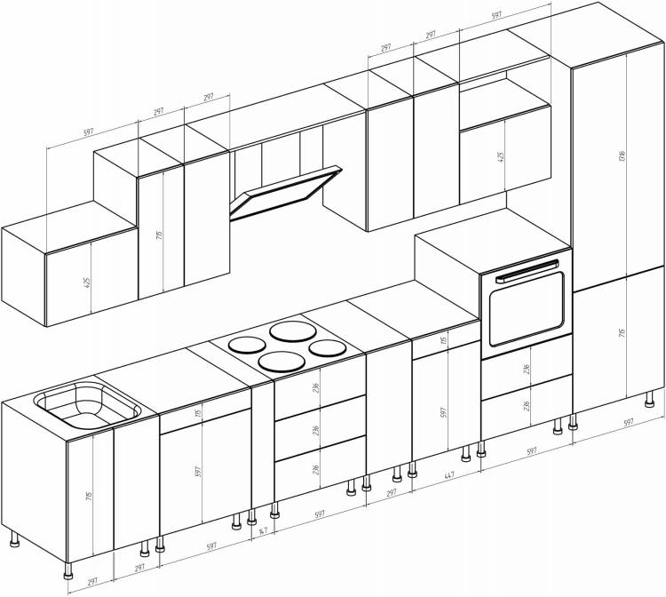 Разработка чертежа и схемы кухонных шкафов с размерами