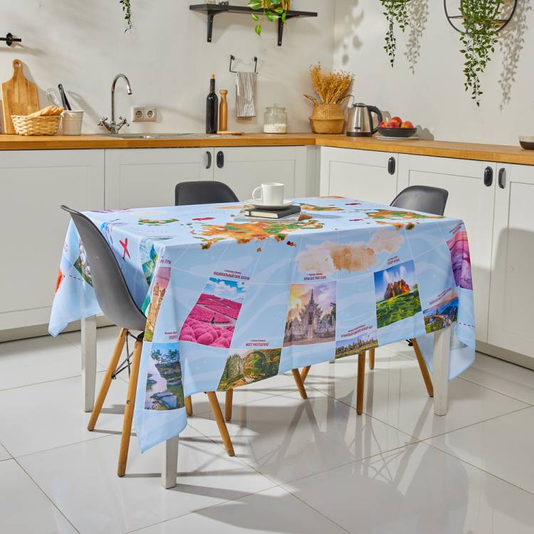 Скатерть на стол прямоугольная Путешествия из габардина, для стола на кухню, для сервировки, праздничная, размер