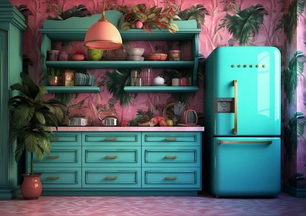 Кухня с голубым холодильником и розовыми обоями с растением