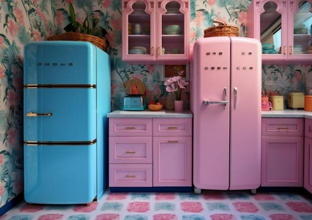 Розовая кухня с голубым холодильником и розовыми обоями со словом «на нем»