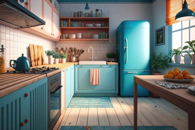 Кухня с голубым холодильником и деревянным столом с растением