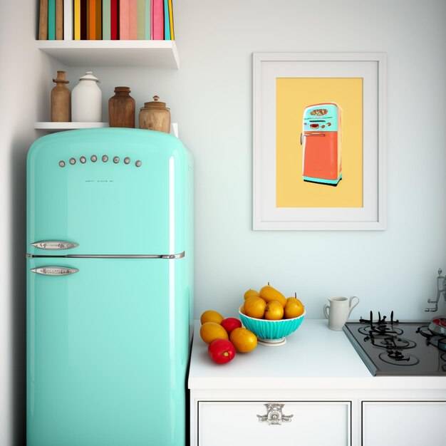 Кухня с голубым холодильником и вазой с фруктами на прилавк