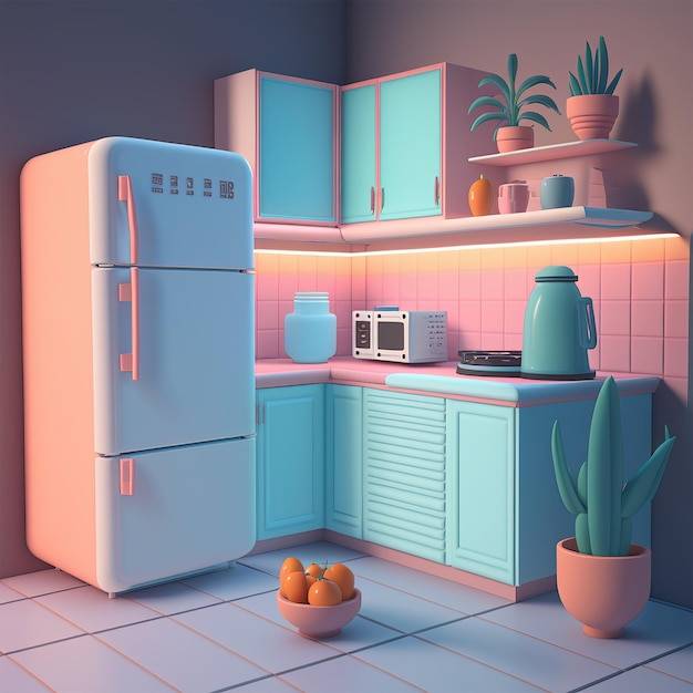 Кухня с розово-голубым холодильником и растением в горшке на прилавк