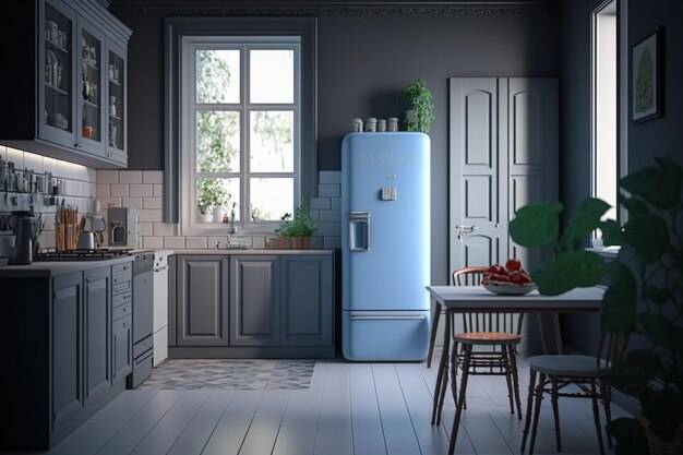 Кухня с синим холодильником посреди комнаты