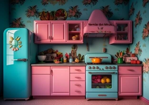 Кухня с голубым холодильником и розовым холодильником с надписью «с днем рождения» спереди