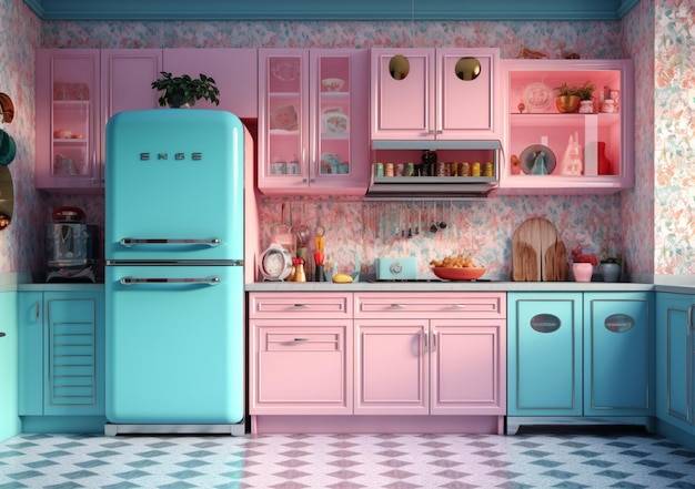 Кухня с розовым холодильником и голубым холодильником