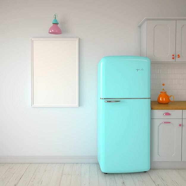 Кухня с белой стеной и синим холодильником