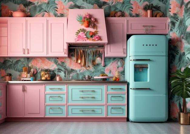 Кухня с розовым холодильником и голубым холодильником