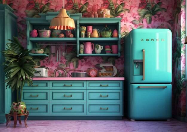 Кухня с голубым холодильником и розовыми обоями с цветочным узором