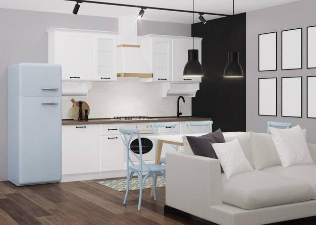 Белый классический интерьер кухни с голубым холодильником и черной меловой стеной