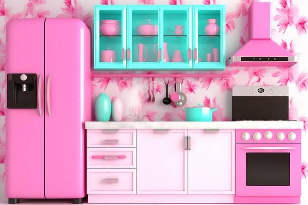 Розовая кухня с голубым холодильником и розовым холодильником