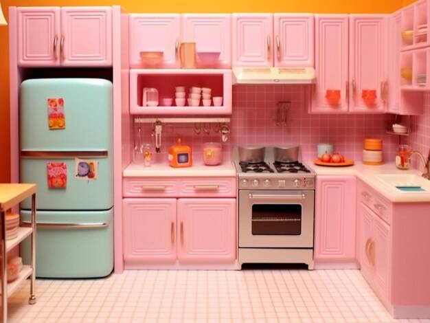 Розовая кухня с голубым холодильником, плитой и холодильником
