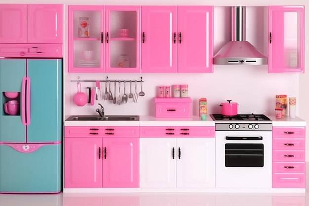 Розовая кухня с голубым холодильником и белой плитой