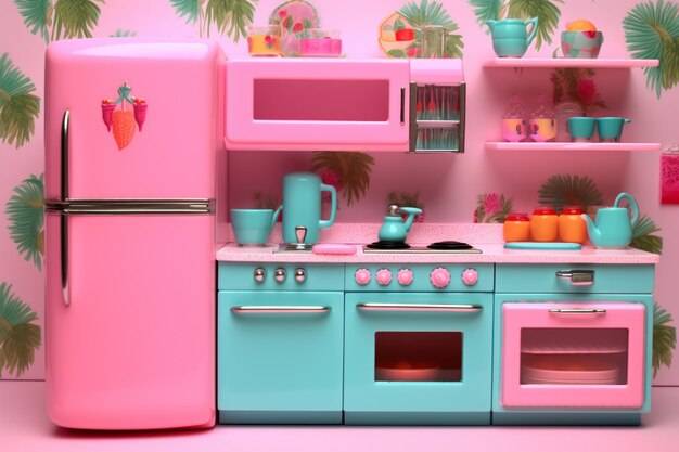Розовая кухня с голубым холодильником и розовым холодильником с клубникой на фасад