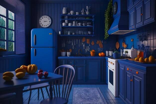 Синяя кухня с часами на стене и столом с синим холодильником