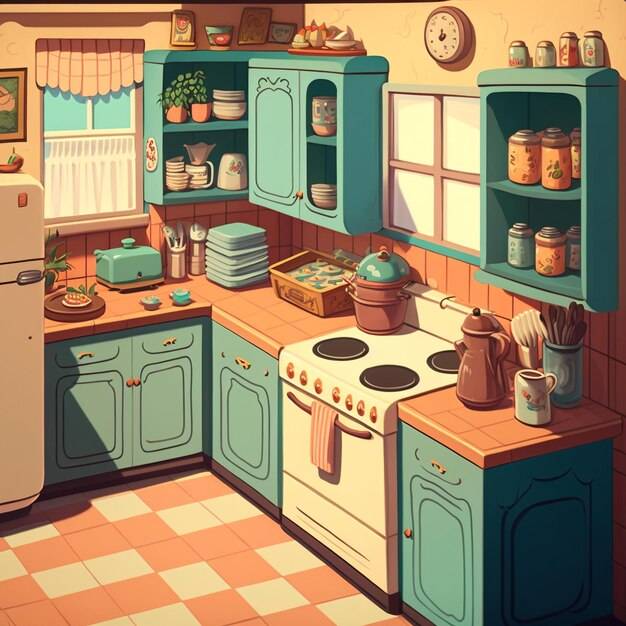 Рисунок кухни с голубым холодильником и белой плитой с духовкой