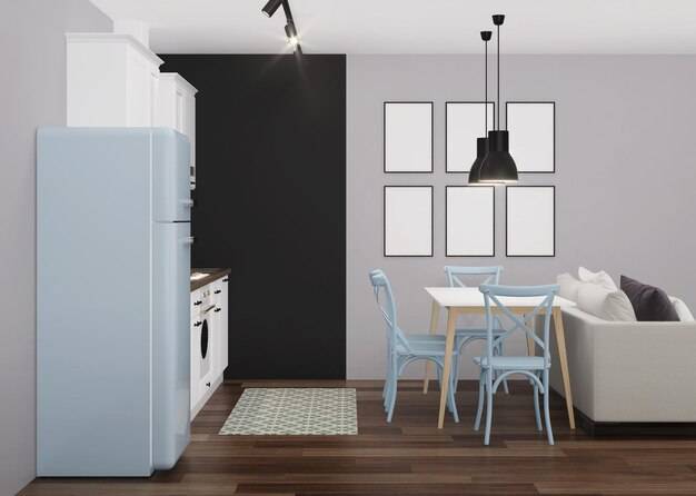 Белый классический интерьер кухни с голубым холодильником и черной меловой стеной
