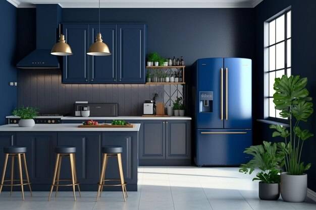 Кухня с синим холодильником и барными стульями