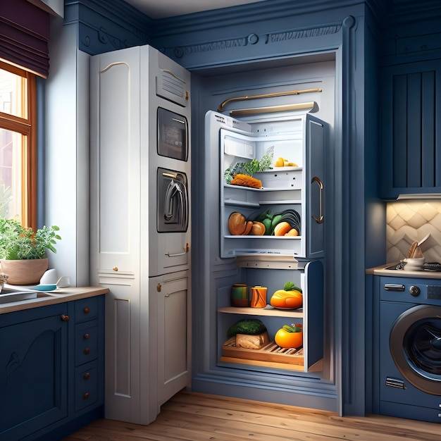 Кухня с синим шкафом и белым холодильником с открытой дверью