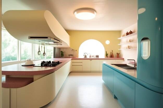 Кухня с синим холодильником и желтыми стенами генерирующее изображение ai