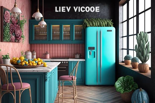 Кухня с синим холодильником и зеленым холодильником с табличкой с надписью liv vicee
