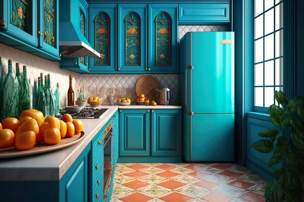 Кухня с синим холодильником и красно-желтым кафельным полом