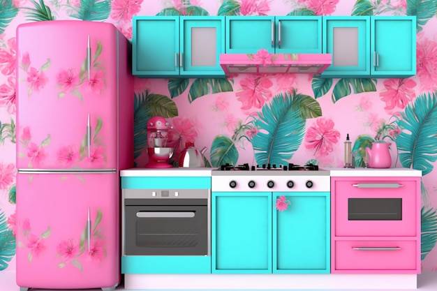 Кухня с розово-голубым холодильником и розовым холодильником