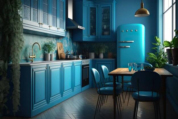 Синяя кухня со столом и стульями и стол с синим холодильником