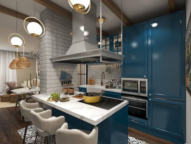 Кухня с синим кухонным островом, белой столешницей и белым стулом с надписью «кухня синяя»
